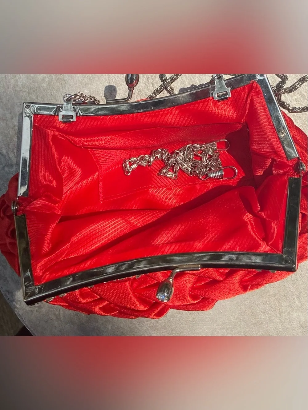 Red Satin Quilted Evening Purse with a Long Silver Chain and Shorter Chain